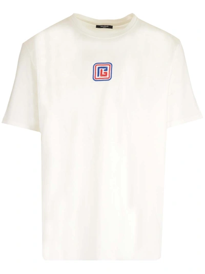 Balmain White Pb T-shirt In Blanc\bleu Moyen\rouge
