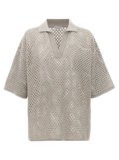 Brunello Cucinelli Wide Mesh Polo Shirt In Gray