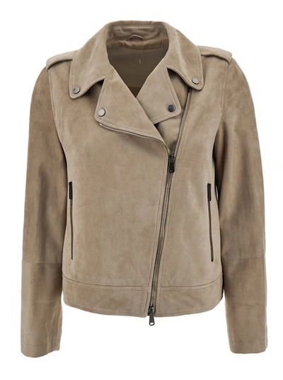 Brunello Cucinelli Grey Biker Jacket With Zip Closure In Suede Woman