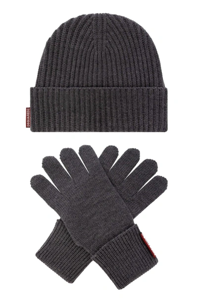 Dsquared2 Logo Patch Beanie &amp; Gloves In Grigio
