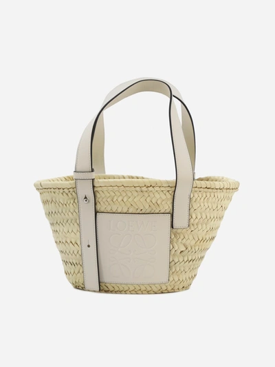 Loewe Small Basket Bag In Palm Leaf And Leather In Natural/white