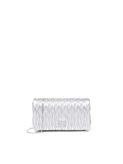 Miu Miu Pouch With Chain In Quilted Nappa In Silver
