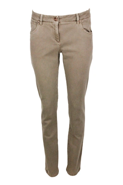 Brunello Cucinelli Five-pocket Garment-dyed Stretch Denim Trousers. Slim Model In Beige