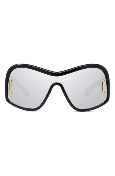 Loewe Anagram 144mm Mirrored Mask Sunglasses In Shiny Black / Smoke Mirror