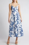 Moon River Floral Print Sleeveless Midi Dress In White In Blue Multi