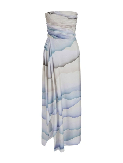 Giorgio Armani Printed Strapless Ruched Silk Dress In Blue