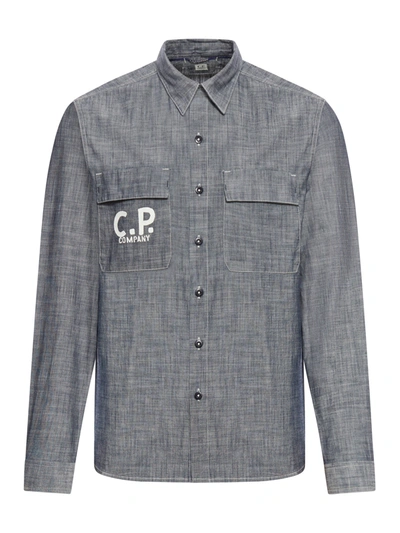 C.p. Company Chambray Long Sleeved Logo Shirt In Blue