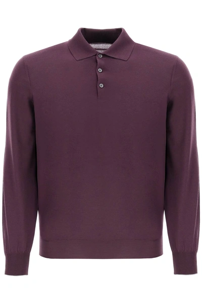 Brunello Cucinelli Long-sleeved Polo Shirt In Virgin Wool And Cashmere In Bordeaux