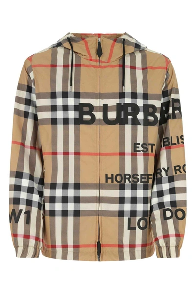 Burberry Checked Logo Print Hooded Jacket In Beige