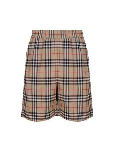 Burberry Technical Twill Shorts With Vintage Check Tartan Motif In Beige