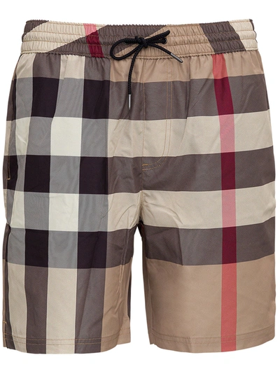 Burberry Beige Swim Trunks With All-over Vintage Check Motif In Nylon Man