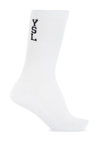 Saint Laurent Logo Intarsia Socks In Bianco