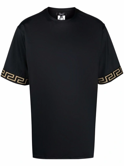 Versace Black Crewneckt-shirt With Contrasting Greca Motif In Stretch Polyamide Man