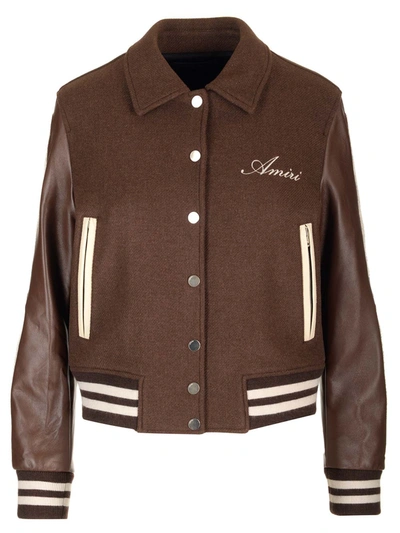 Amiri Bones Logo Embroidered Varsity Jacket In Brown