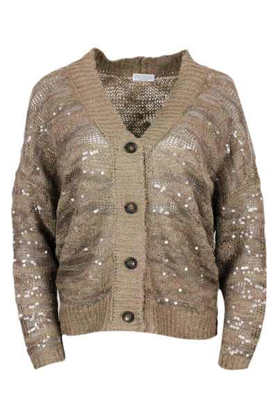 Brunello Cucinelli Cardigan With Animalier Buttons Inlay In Silk, Linen And Hemp In Brown
