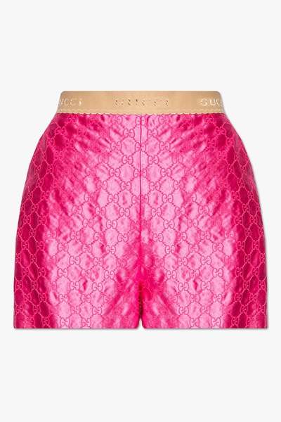 Gucci Silk Shorts With Embroidered Gg Motif In Fucsia