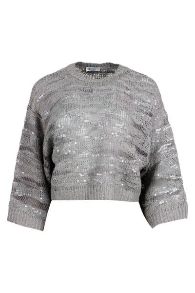 Brunello Cucinelli Animal Print Sweater In Silk, Linen And Hemp. In Grey
