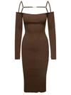 JACQUEMUS JACQUEMUS LE ROBE SIERRA LONG BROWN RIBBED OFF-THE-SHOULDER DRESS IN VISCOSE BLEND WOMAN