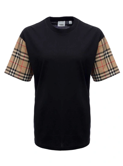 BURBERRY BURBERRY BLACK COTTON T-SHIRT WITH VINTAGE CHECK SLEEVES