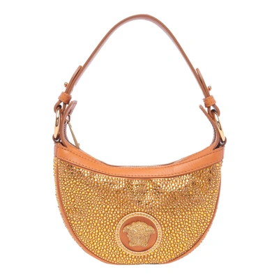 Versace Mini Crystal Repeat Hobo Bag In Orange