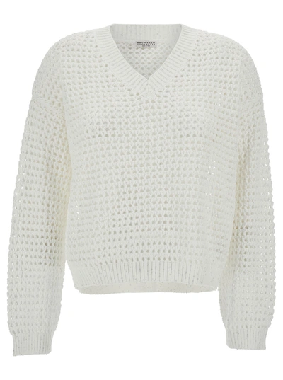 Brunello Cucinelli Cotton Diamant V Neck Pull In White