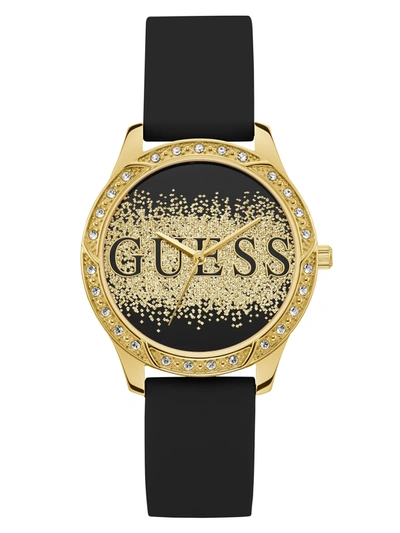 Guess Factory Black Glitter Logo Analog Watch In Gold
