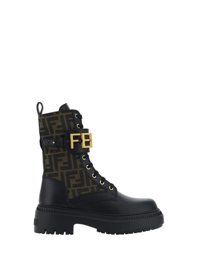 Fendi Graphy Ankle Boots In Leather And Fabric With Ff Jacquard Monogram In Black