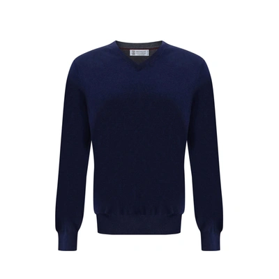 Brunello Cucinelli V Neck Sweater In Blue