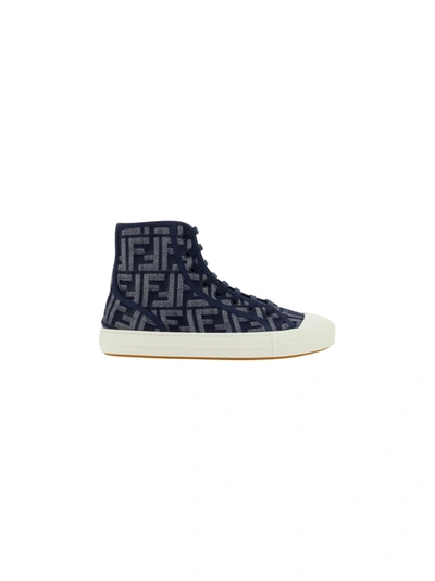Fendi Man Embroidered Fabric  Domino Sneakers In Blue
