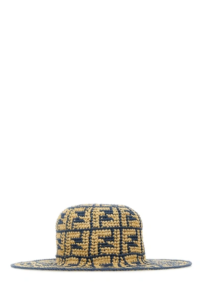 Fendi Two-tone Raffia Hat In Blue