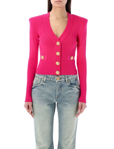 Balmain Button-embellished Ribbed-knit Cardigan In Fucsia
