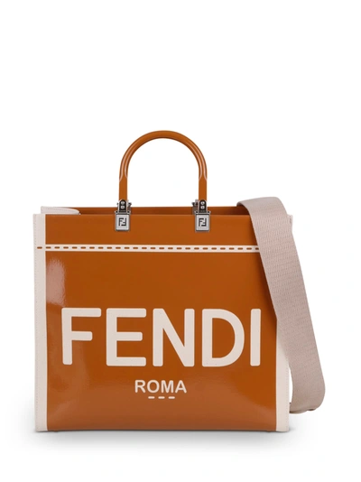 Fendi Sunshine Bag In Canvas And Patent Leather In Grezzo+caramello+palladio