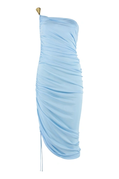 Bottega Veneta One-shoulder Asymmetric Midi Dress With Gold-tone Detail In Blue