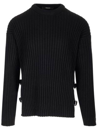 Versace Knit Sweater Buckles In Nero