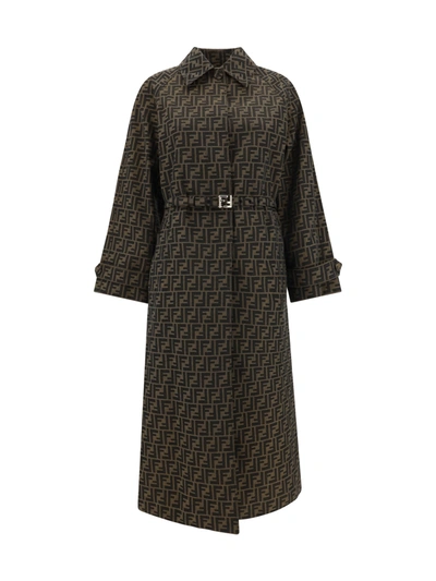 Fendi Ff Jacquard Coat In Tobacco