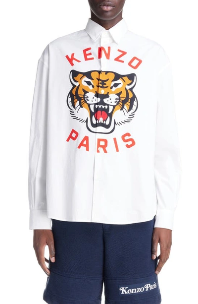 Kenzo Luck Tiger Cotton Button-up Shirt In White
