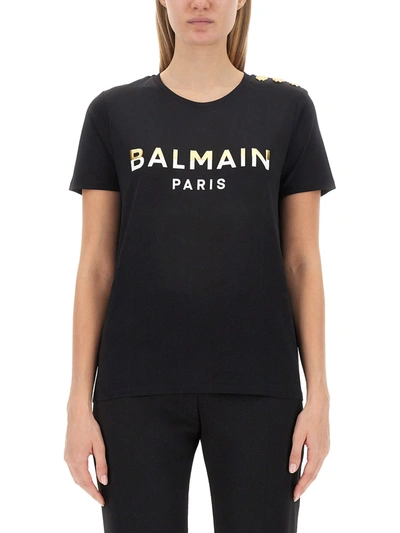 Balmain Logo Printed Crewneck T-shirt In Black/gold/cream