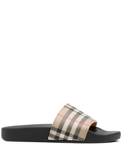 Burberry Brown Slides Sandals With Vintage Check Motif In Polyurethane In Beige