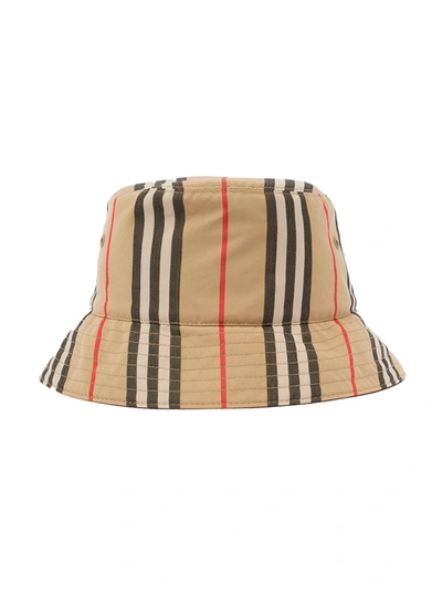 Burberry Brown Bucket Hat With Icon Stripe Motif In Cotton In Beige