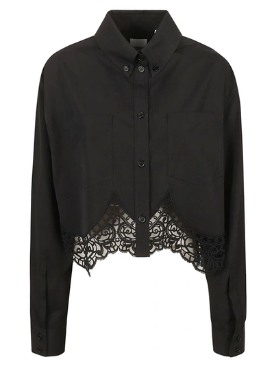 Burberry Lace Asymmetric Hem Crop Shirt In Black