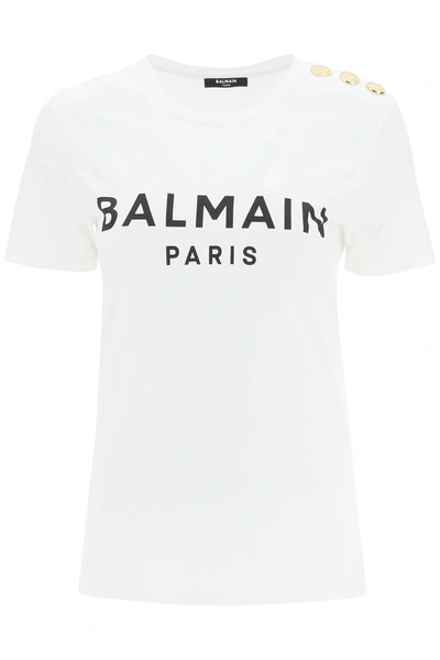 BALMAIN BALMAIN WHITE T-SHIRT WITH BLACK LOGO AND GOLDEN BUTTONS