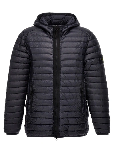 Stone Island Blue Down Jacket With Side Logo Patch In Nylon Man