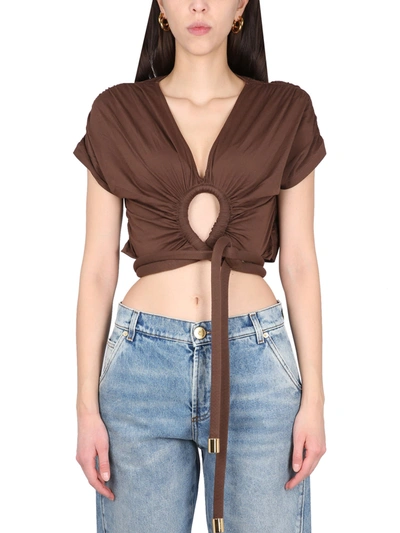 Balmain Cotton Jersey Keyhole Cropped Top In Brown
