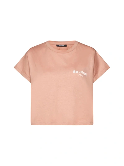 Balmain Logo Cropped Cotton T-shirt In Pink