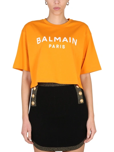 Balmain Logo-print Cropped T-shirt In Orange
