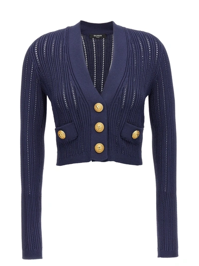 Balmain Short Knit Cardigan In Marine