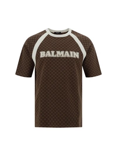 Balmain Retro Mini Monogram Jacquard T-shirt In Marron/creme