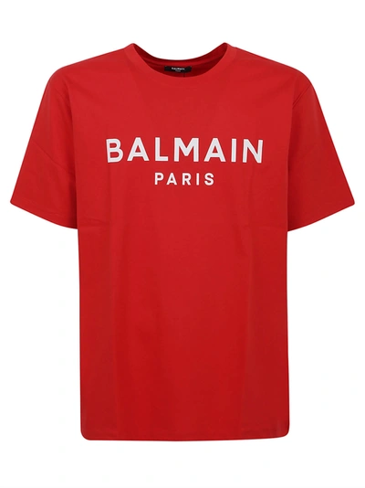 Balmain Logo Printed Crewneck T-shirt In Mcz Rouge Blanc
