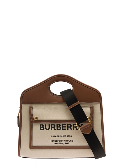 Burberry Pocket Two-tone Small Tote Bag In Natural Maltbrown