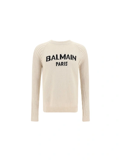 Balmain Crewneck Sweater With Logo In Naturel/noir